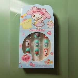 Kawaii Blue and Pink Press on kids Nail Set with Cute Characters